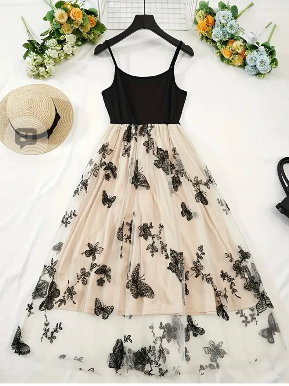 SHEIN Black & Nude Floral Butterfly Maxi Dress